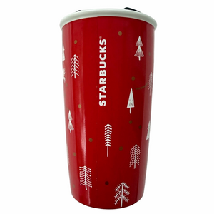 Starbucks Holiday Trees Red Ceramic 12oz Travel Tumbler Gnomes Reindeer 2018